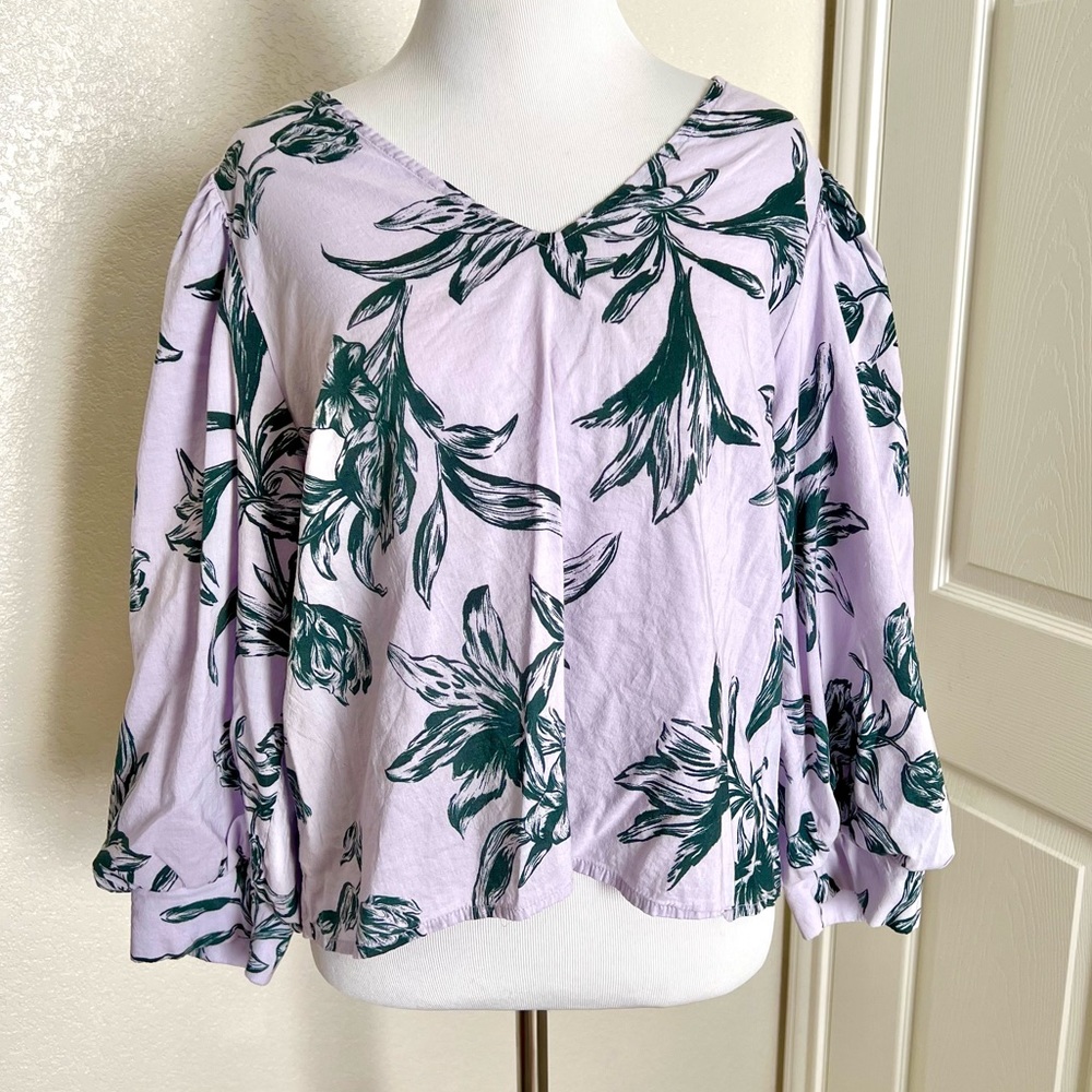A New Day Purple Lavender Lilac Floral Bishop Sleeve Blouse Top